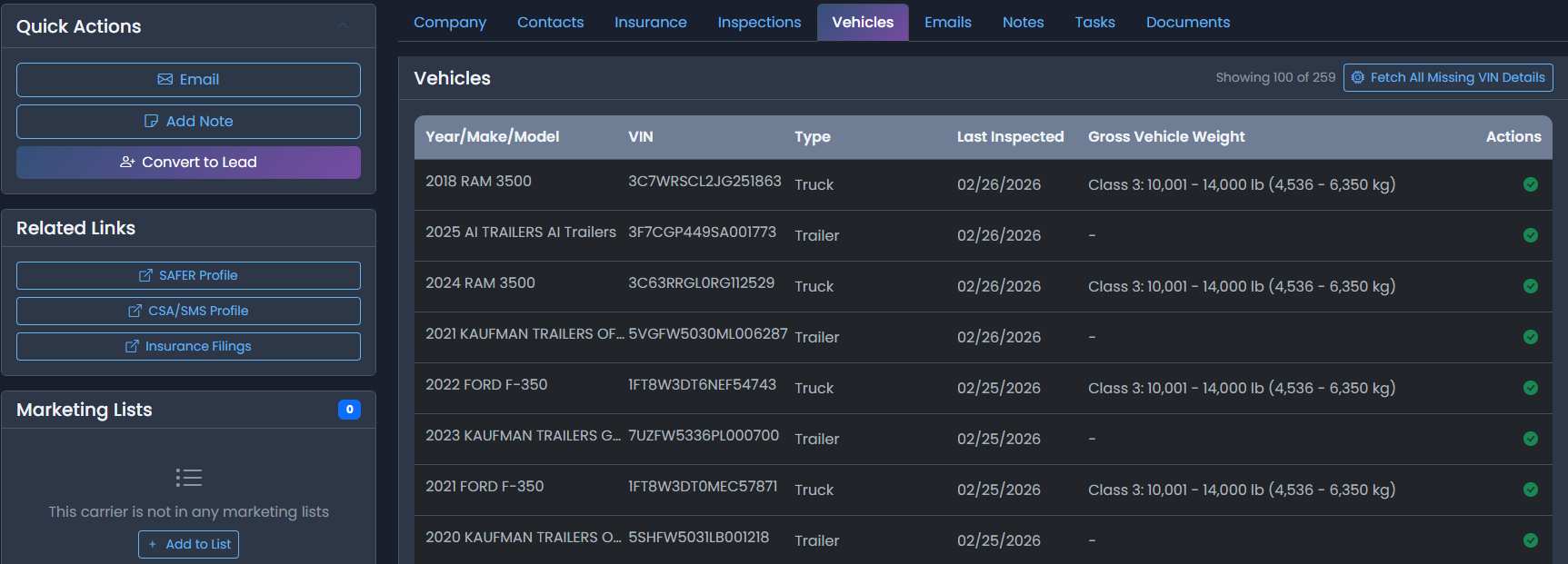 VIN decoding and roadside activity data for commercial carriers