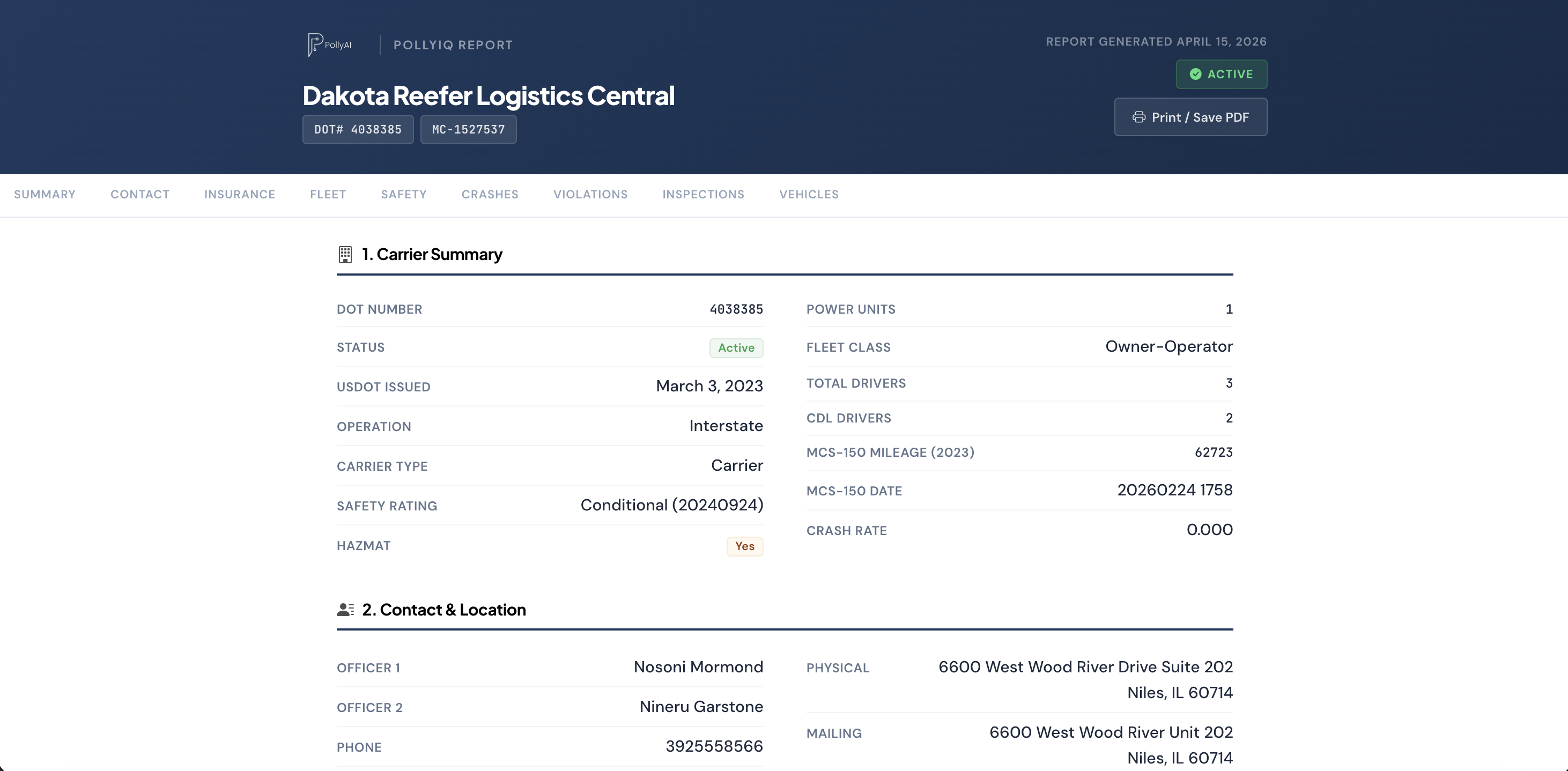 PollyIQ Carrier Report dossier with safety scores, equipment, and 24 months of roadside activity